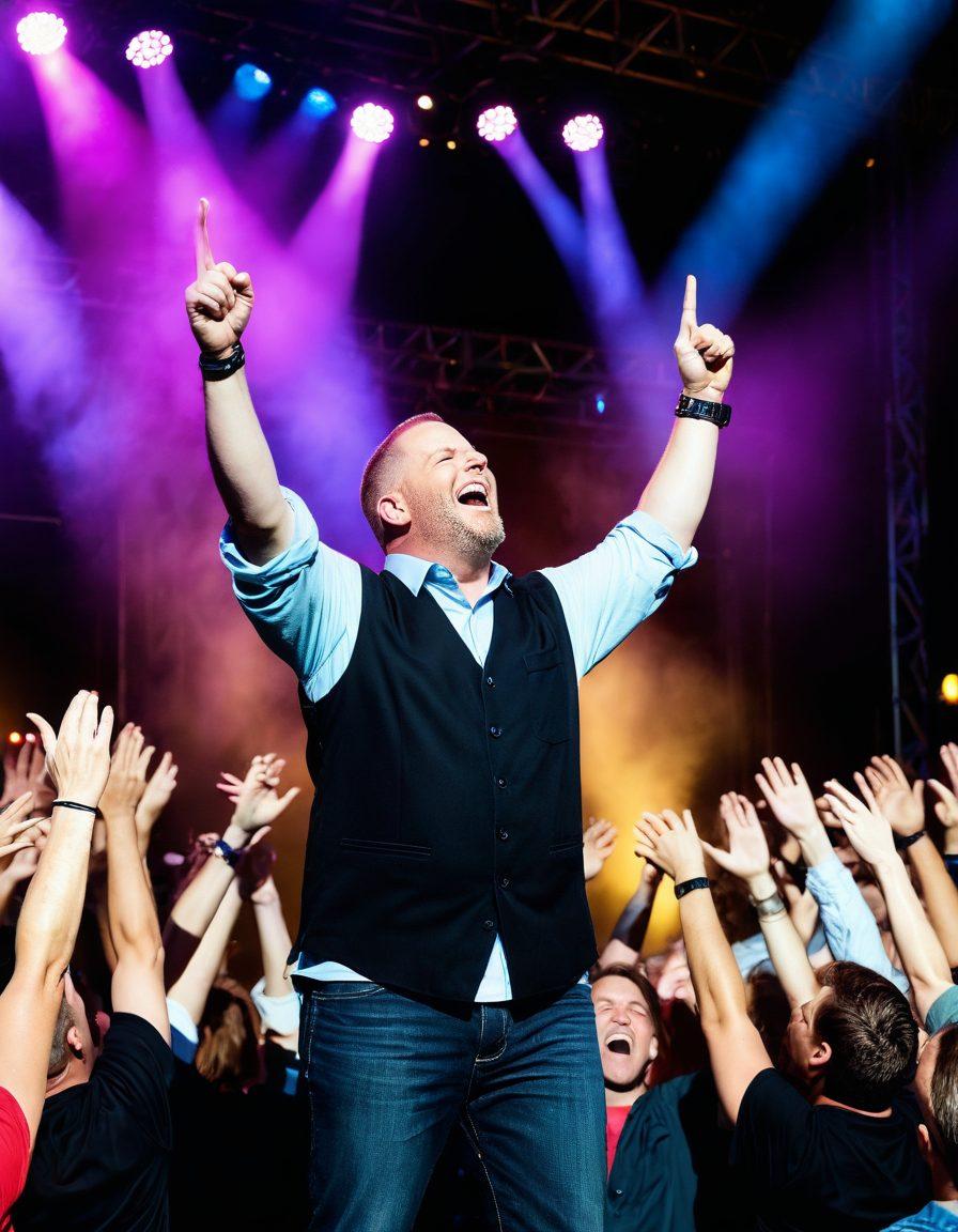 A vibrant concert scene featuring MercyMe performing on stage, with a diverse crowd joyfully singing along, hands raised in celebration. Colorful lights illuminate the atmosphere, creating a feeling of warmth and inspiration. The background subtly incorporates elements of faith, such as soft rays of sunlight breaking through clouds, symbolizing hope and upliftment. super-realistic. vibrant colors.