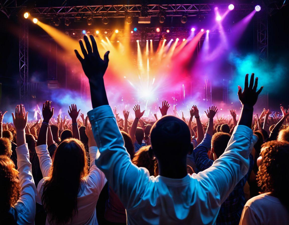 A vibrant concert scene with a diverse crowd of people joyfully singing along to a band on stage, illuminated by colorful lights. In the foreground, hands are raised in worship, with musical notes visually flowing through the air, symbolizing the power of music in spirituality. The background features soft, warm glows to evoke a feeling of hope and happiness. super-realistic. vibrant colors. 3D.
