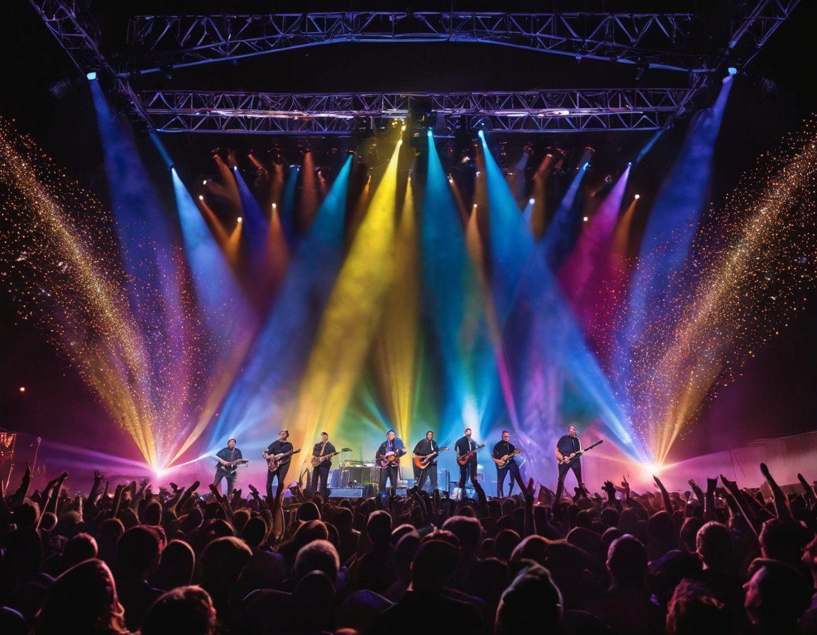 A vibrant concert scene featuring the band MercyMe performing on stage, with colorful lights shimmering and a captivated audience singing along. The background showcases musical notes and soft glowing effects to represent inspiration and joy. Include elements like a guitar, microphone, and emotional expressions of fans. A starry night sky adds a celestial touch to the atmosphere. super-realistic. vibrant colors.